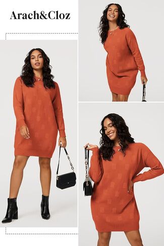 Arach&Cloz Womens Fall Fashion 2023 Sweater Dress Oversized Crew Neck Long Sleeve Knit Pullover Winter Clothes in Saudi Arabia