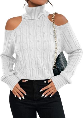 Langwyqu Womens Cold Shoulder White Turtleneck Sweaters 2023 Fall Long Sleeve Soft Cable Knit Pullovers Sexy Jumper Tops in Saudi Arabia