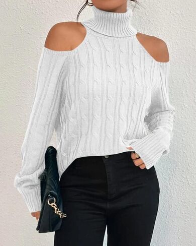 Langwyqu Womens Cold Shoulder White Turtleneck Sweaters 2023 Fall Long Sleeve Soft Cable Knit Pullovers Sexy Jumper Tops in Saudi Arabia