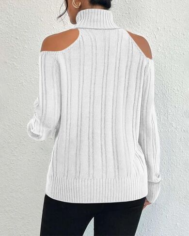 Langwyqu Womens Cold Shoulder White Turtleneck Sweaters 2023 Fall Long Sleeve Soft Cable Knit Pullovers Sexy Jumper Tops in Saudi Arabia
