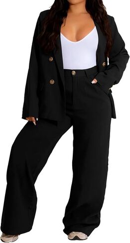 Women's Two Piece Outfits Casual Blazer Jacket Wide Leg Work Pants Business Suit Sets with Pocket in Kuwait