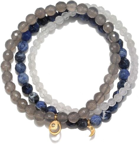 Satya Jewelry Women's Sodalite, Grey Agate, White Jade Gold Moon Stretch Bracelet Set ، مقاس واحد، أزرق in Kuwait