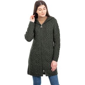 SAOL 100% Merino Wool Aran Irish Cardigan for Women with Pockets, Hood and Celtic Zipper
