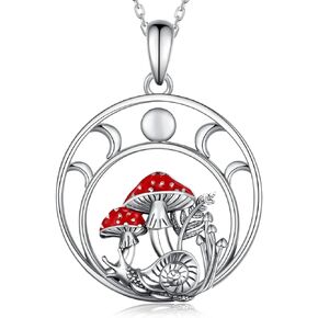 SVODEA Moon Mushroom Necklace for Women,925 Sterling Silver Magical Red Mushroom Pendant Moon Phase Necklaces,Anniversary Birthday Gifts for Girlfriend Teen Girls Mom,18''-20''