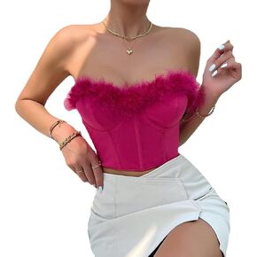 jascaela Women's Sexy Sleeveless Fuzzy Trim Bustier Cami Tube Top Faux Fur Tank Tops Corset Top Rave Festival Outfits in Saudi Arabia
