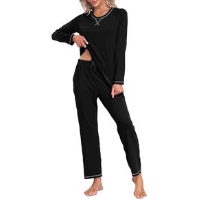 MoFiz Women's Pajamas Sets Long Sleeve with Plaid Pants Soft Sleepwear 2 Piece Pjs Lightweight Lounge Set with Pockets