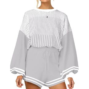 طقم ملابس UANEO مكون من قطعتين للنساء بلوفر محبوك مخطط وسروال قصير in Kuwait