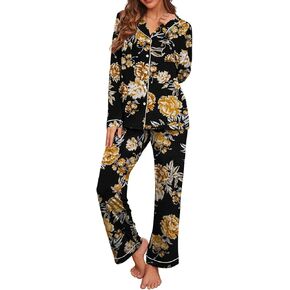 PrinStory Women's Pajamas Set Long Sleeve Sleepwear Casual Loungewear Soft Button Down Pjs Set with Pockets