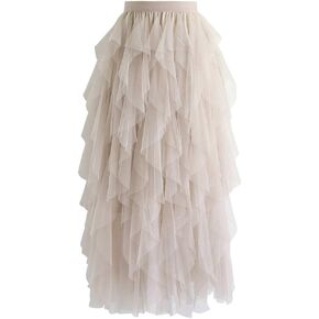 CHICWISH Women's Cream/Pink/Dusty Blue/Black Tiered Layered Mesh Ballet Prom Party Tulle Tutu A-line Midi Skirt