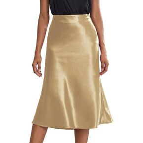 Rooscier Women's Silky Satin High Waist A Line Flared Zipper Elegant Midi Skirt