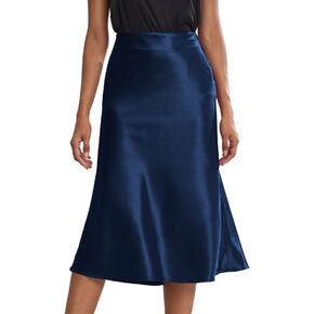 Rooscier Women's Silky Satin High Waist A Line Flared Zipper Elegant Midi Skirt