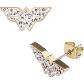Officially Licensed Hypoallergenic DC Comics Women's Wonder Woman Gold Plated Logo with Clear Gem Stud Earrings, One Size in Saudi Arabia