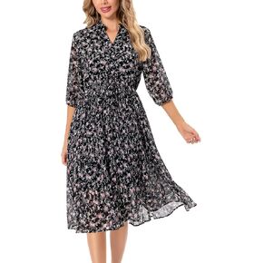 Shineflow Women's Short Sleeve V-Neck 3/4 Sleeve Button Up Chiffon Floral Pleated Midi Swing Dress with Belt in Kuwait