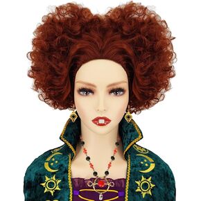 CJK 4 قطع Winifred ساندرسون شعر مستعار زي كيت قصيرة مجعد قلوب على شكل بني محمر شعر مستعار تأثيري مع الأسنان قلادة أقراط CJ018 in Kuwait