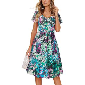 VOTEPRETTY Women's Short Sleeve V Neck Sundress Summer Casual Button Floral Dress with Pockets