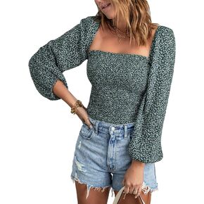 EVALESS Blouses for Women Puff Long Sleeve Square Neck Tops Off The Shoulder Floral Ladies Tops and Blouses