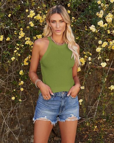 Dellytop Summer Womens Tank Tops - Casual Sleeveless Basic Cami Top Shirt Slim Knit Ribbed Racerback Workout Blouses in Kuwait
