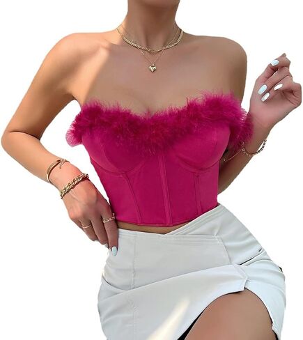 jascaela Women's Sexy Sleeveless Fuzzy Trim Bustier Cami Tube Top Faux Fur Tank Tops Corset Top Rave Festival Outfits in Kuwait
