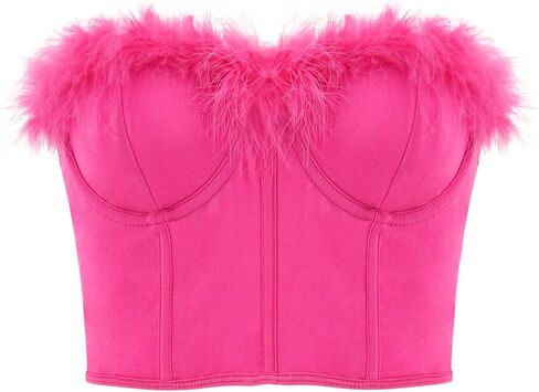 jascaela Women's Sexy Sleeveless Fuzzy Trim Bustier Cami Tube Top Faux Fur Tank Tops Corset Top Rave Festival Outfits in Kuwait