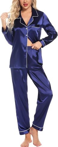 Leikar Silk Pajamas Long Sleeve Pajama Sets For Women Soft Button Down Pajamas Pj Set in Kuwait