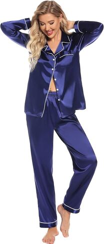 Leikar Silk Pajamas Long Sleeve Pajama Sets For Women Soft Button Down Pajamas Pj Set in Kuwait