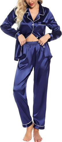 Leikar Silk Pajamas Long Sleeve Pajama Sets For Women Soft Button Down Pajamas Pj Set in Kuwait