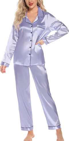 Leikar Silk Pajamas Long Sleeve Pajama Sets For Women Soft Button Down Pajamas Pj Set in Saudi Arabia