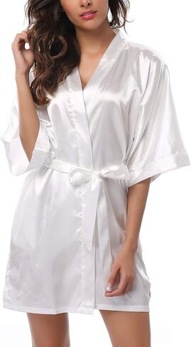 sunshinemall Women's Bridal Party Robe Short Kimono Bride and Bridesmaid Satin Bathrobe Nightgown Silky Pajama Gown in Saudi Arabia
