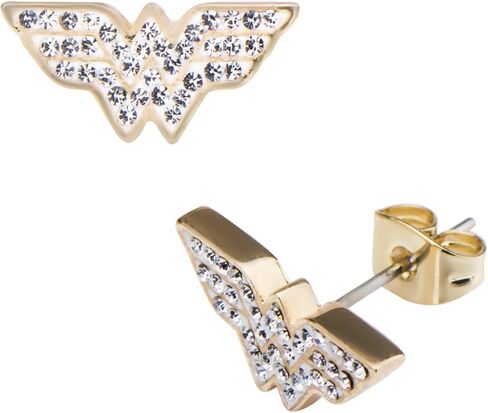 Officially Licensed Hypoallergenic DC Comics Women's Wonder Woman Gold Plated Logo with Clear Gem Stud Earrings, One Size in Saudi Arabia