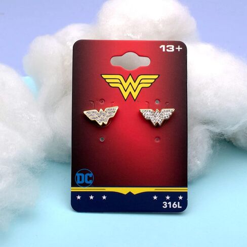 Officially Licensed Hypoallergenic DC Comics Women's Wonder Woman Gold Plated Logo with Clear Gem Stud Earrings, One Size in Saudi Arabia