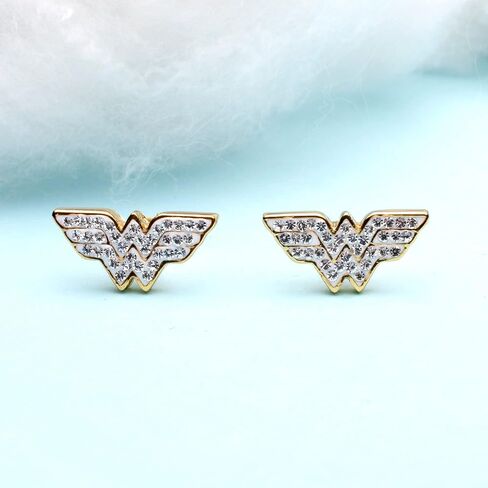 Officially Licensed Hypoallergenic DC Comics Women's Wonder Woman Gold Plated Logo with Clear Gem Stud Earrings, One Size in Saudi Arabia