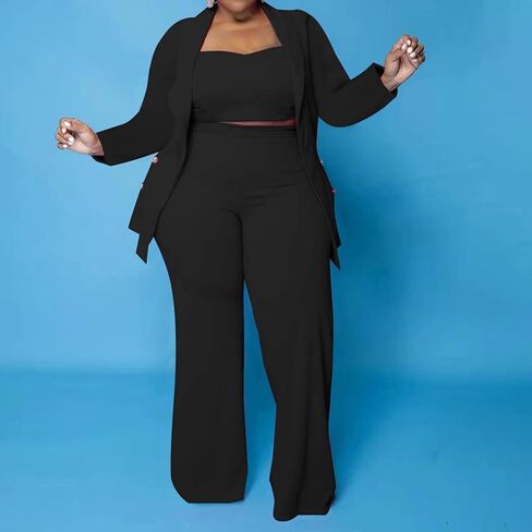 IyMoo Women's Plus Size 3 Piece Sets Outfit Tracksuit Crop Top Blazer Jacket and Wide Leg Long Pants Jumpsuit Romper Suits in Kuwait