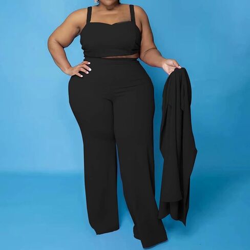 IyMoo Women's Plus Size 3 Piece Sets Outfit Tracksuit Crop Top Blazer Jacket and Wide Leg Long Pants Jumpsuit Romper Suits in Kuwait