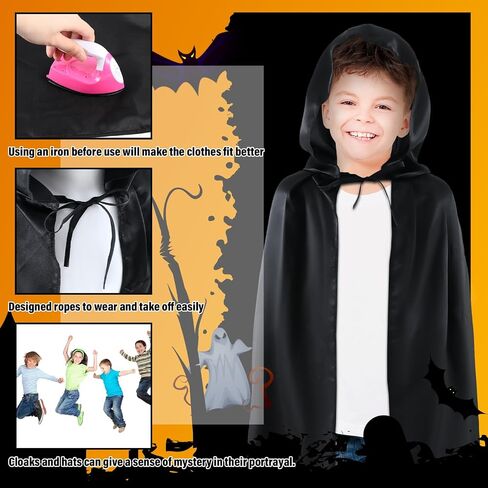 Panitay 20 Pcs Halloween Party Kids Hooded Cloak Cape Cosplay Costumes Black Cloak Witch Cosplay Cape Robe for Boys Girls Children Ages 5 to 10 in Saudi Arabia