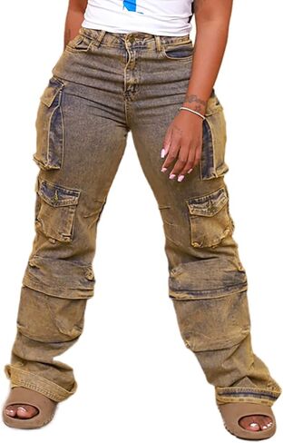 Vaceky Cargo Jeans Women High Waisted Straight Leg Baggy Y2K Denim Fall Winter Pants with Pockets Streetwear in Kuwait