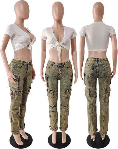 Vaceky Cargo Jeans Women High Waisted Straight Leg Baggy Y2K Denim Fall Winter Pants with Pockets Streetwear in Kuwait