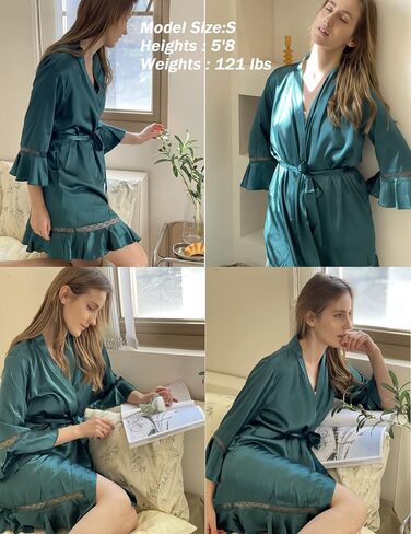 Ekouaer الجلباب للنساء الساتان كيمونو الجلباب كشكش تنحنح حريري البشاكير الحرير Robes قصيرة وصيفات الشرف رداء روب للنوم S-XXL in Saudi Arabia