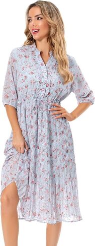 فستان Shineflow نسائي قصير الأكمام ورقبة على شكل حرف V 3/4 كم وأزرار لأعلى من الشيفون المزين بالزهور ومطوي متوسط ​​الطول مع حزام in Kuwait