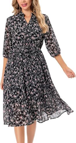 Shineflow Women's Short Sleeve V-Neck 3/4 Sleeve Button Up Chiffon Floral Pleated Midi Swing Dress with Belt in Kuwait