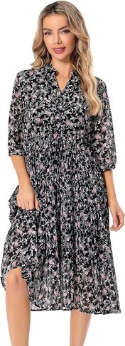 Shineflow Women's Short Sleeve V-Neck 3/4 Sleeve Button Up Chiffon Floral Pleated Midi Swing Dress with Belt in Kuwait