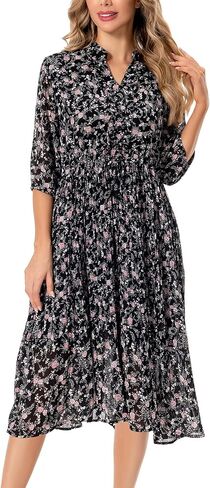 Shineflow Women's Short Sleeve V-Neck 3/4 Sleeve Button Up Chiffon Floral Pleated Midi Swing Dress with Belt in Kuwait