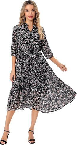 Shineflow Women's Short Sleeve V-Neck 3/4 Sleeve Button Up Chiffon Floral Pleated Midi Swing Dress with Belt in Kuwait