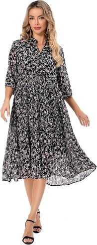Shineflow Women's Short Sleeve V-Neck 3/4 Sleeve Button Up Chiffon Floral Pleated Midi Swing Dress with Belt in Kuwait