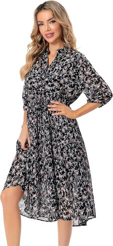 Shineflow Women's Short Sleeve V-Neck 3/4 Sleeve Button Up Chiffon Floral Pleated Midi Swing Dress with Belt in Kuwait