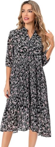 Shineflow Women's Short Sleeve V-Neck 3/4 Sleeve Button Up Chiffon Floral Pleated Midi Swing Dress with Belt in Kuwait