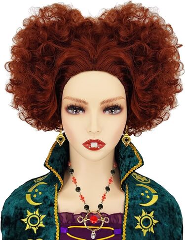 CJK 4 قطع Winifred ساندرسون شعر مستعار زي كيت قصيرة مجعد قلوب على شكل بني محمر شعر مستعار تأثيري مع الأسنان قلادة أقراط CJ018 in Kuwait