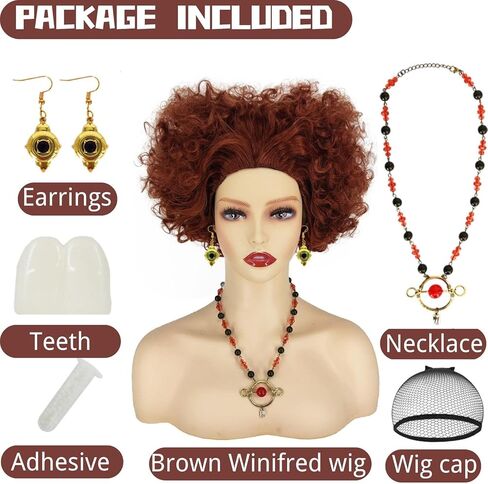 CJK 4 قطع Winifred ساندرسون شعر مستعار زي كيت قصيرة مجعد قلوب على شكل بني محمر شعر مستعار تأثيري مع الأسنان قلادة أقراط CJ018 in Kuwait