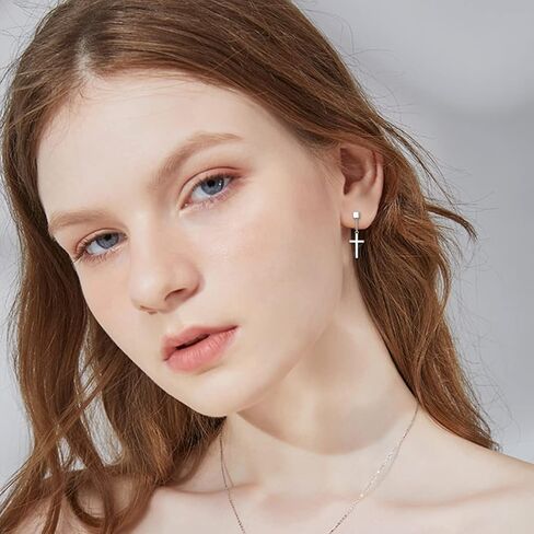 Cross Earrings Sterling Silver Cube Stud Earrings with Dangle Cross Gift for Men Women in Kuwait