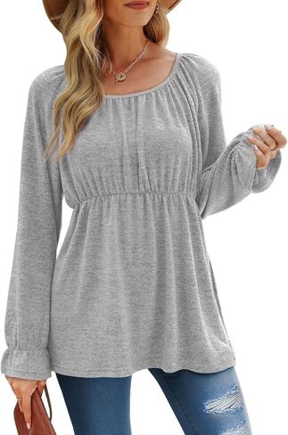 Dofaoo Womens Flounce Long Sleeve Tunic Tops Square Neck Babydoll Peplum Tops in Kuwait