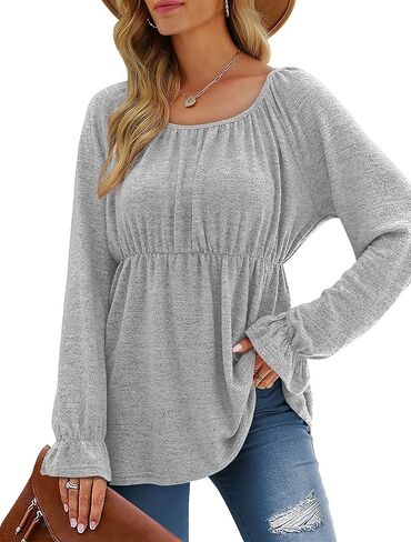 Dofaoo Womens Flounce Long Sleeve Tunic Tops Square Neck Babydoll Peplum Tops in Kuwait